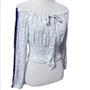 White with black dots cropped off shoulder long sleeve top, new